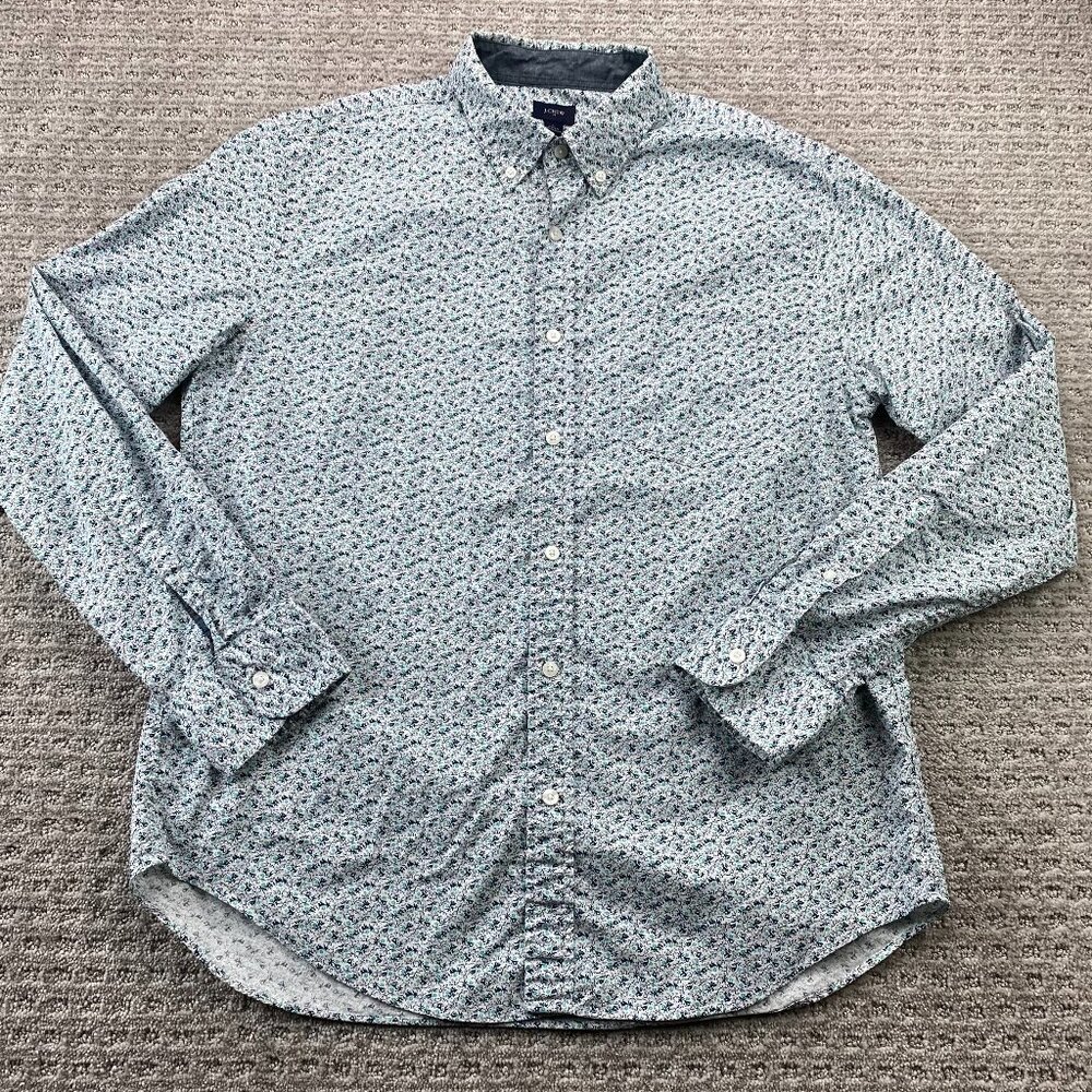 J. Crew Button Down Shirt Men Large L White Floral All Over Print Preppy Formal